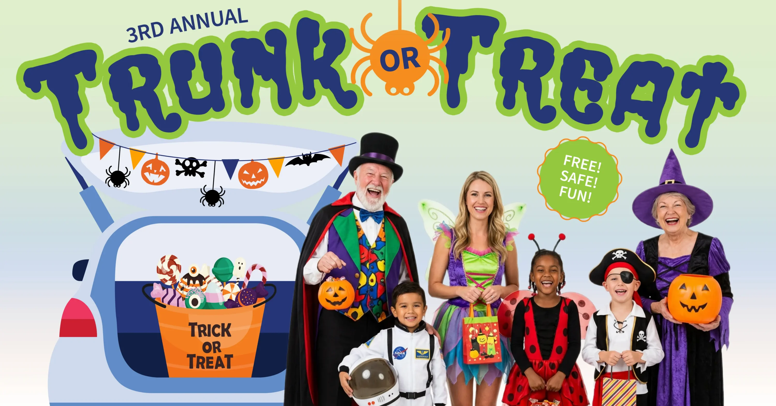 Halloween costume party poster with adults and children