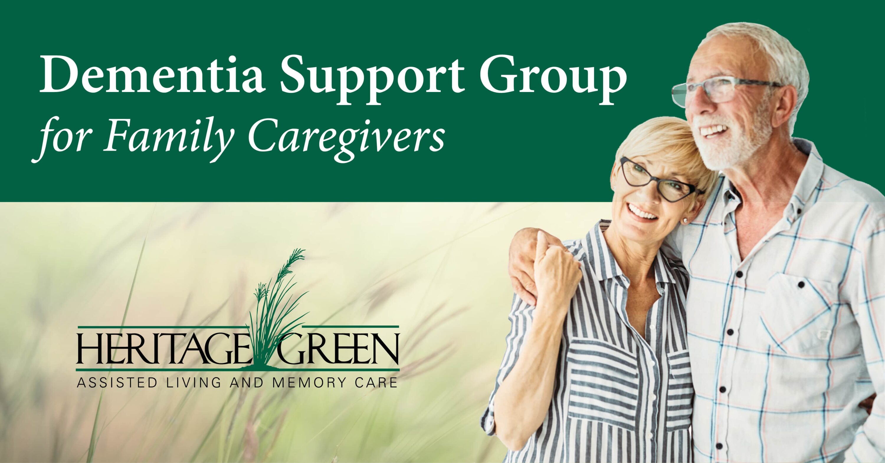 Dementia support group banner with smiling senior couple