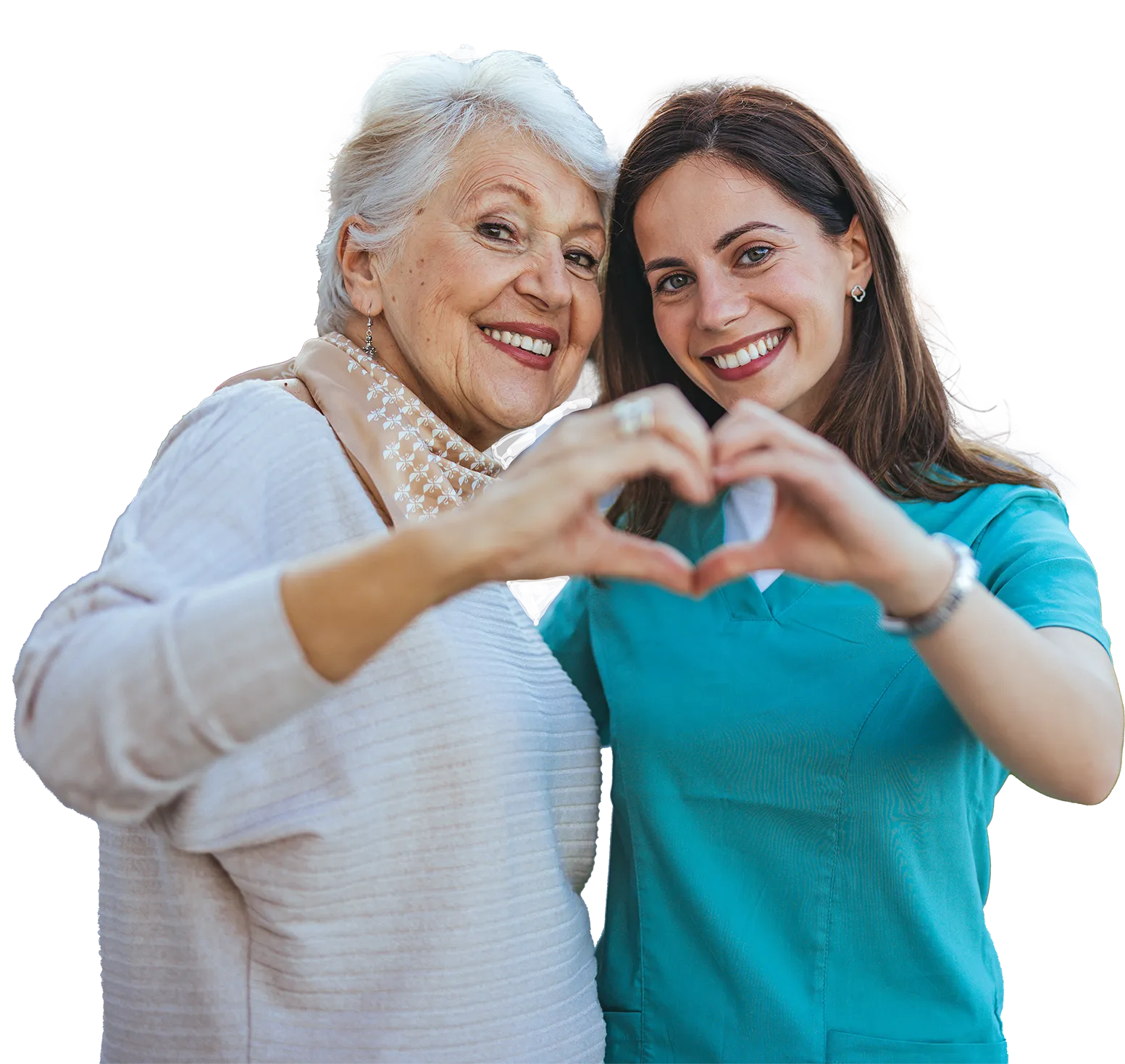 Smiling senior and caregiver forming heart with hands